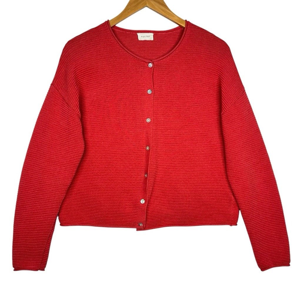 Poetry Organic Cotton Rib Knit Cardigan Sweater Womens 8 Red Button Front